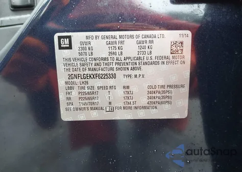 2015 Chevrolet Equinox 2Lt from USA, damaged, VIN 2GNFLGEKXF6225330